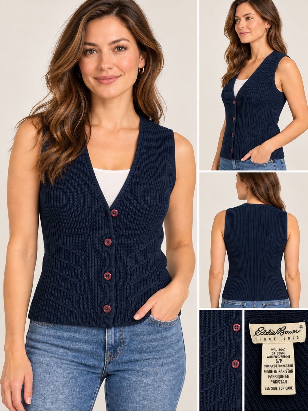 NWT Eddie Bauer Navy Cotton Knit Button Front Sweater Vest S/P Vintage Style